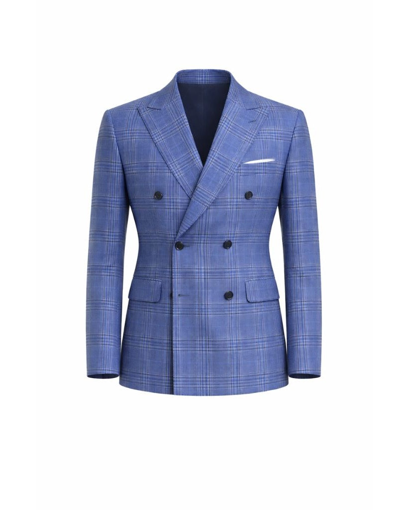 Blue Plaid Men's Classic Cut Jacket with a double-breasted design, featuring a refined plaid pattern in shades of blue, notch lapels, and flap pockets for elegant tailoring.