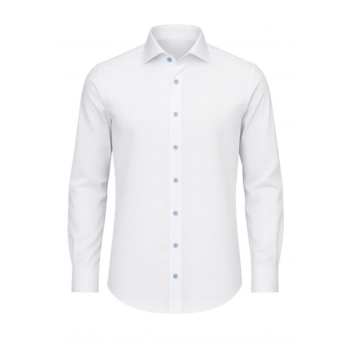 Men's White Classic Dress Shirt featuring a tailored fit with a crisp collar, long sleeves with buttoned cuffs, and subtle blue buttons for a refined and polished look.