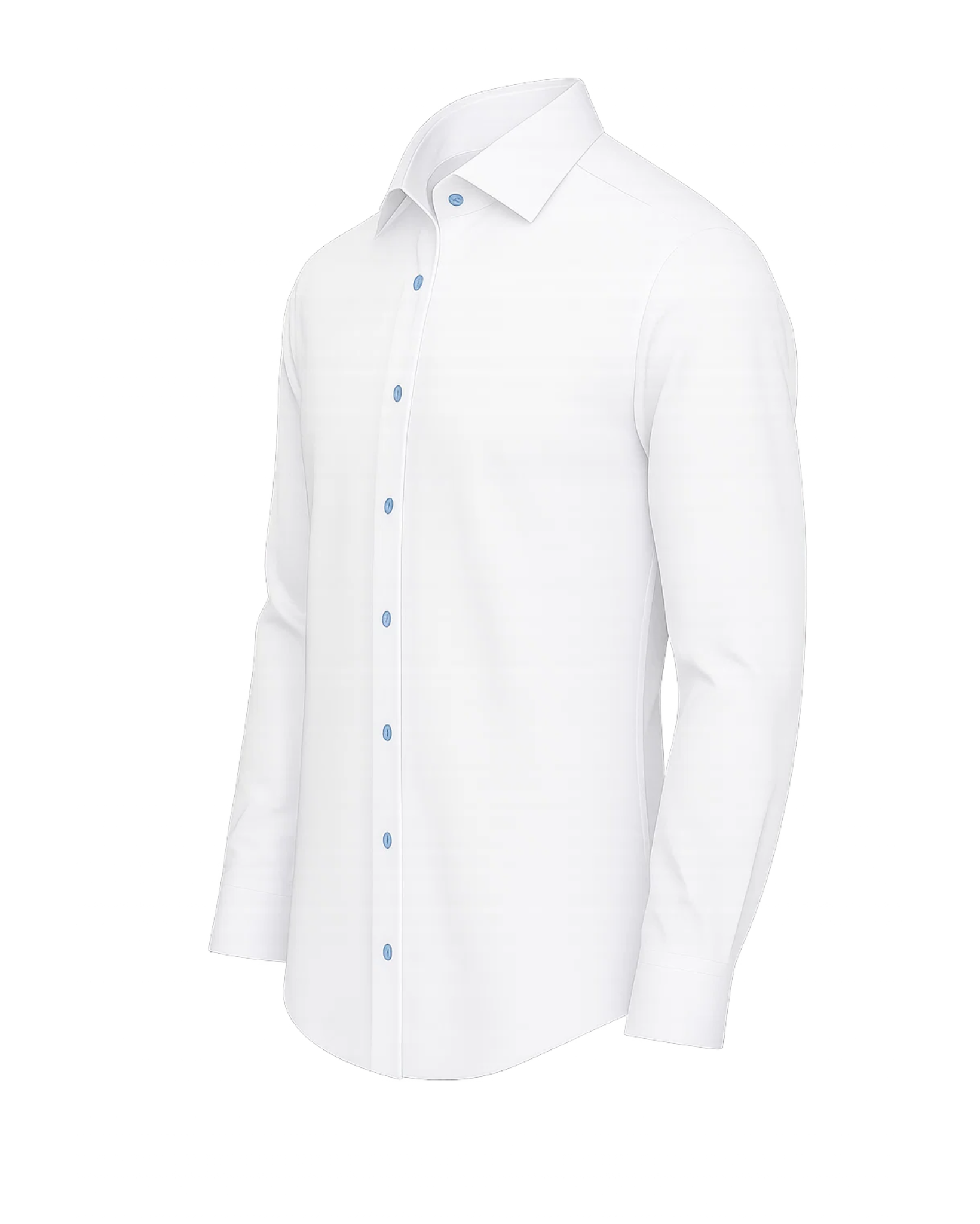 Men's White Classic Dress Shirt with a slim fit, featuring a crisp pointed collar, long sleeves with buttoned cuffs, and contrasting light blue buttons for a modern refined look.