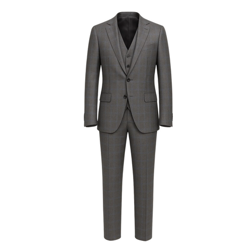 Men's Loro Piana Gray Three-Piece Suit featuring a tailored blazer, matching buttoned vest, and slim-fit trousers in a subtle checked pattern crafted from premium Loro Piana fabric.