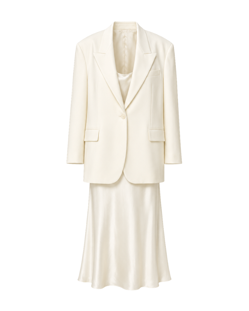 Ivory Loro Piana women's two-piece blazer and dress set front view