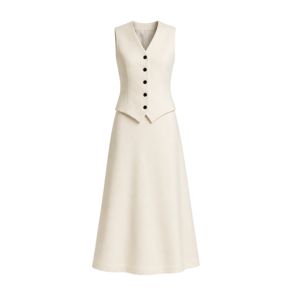 Ivory Loro Piana women's two-piece skirt and vest set front view