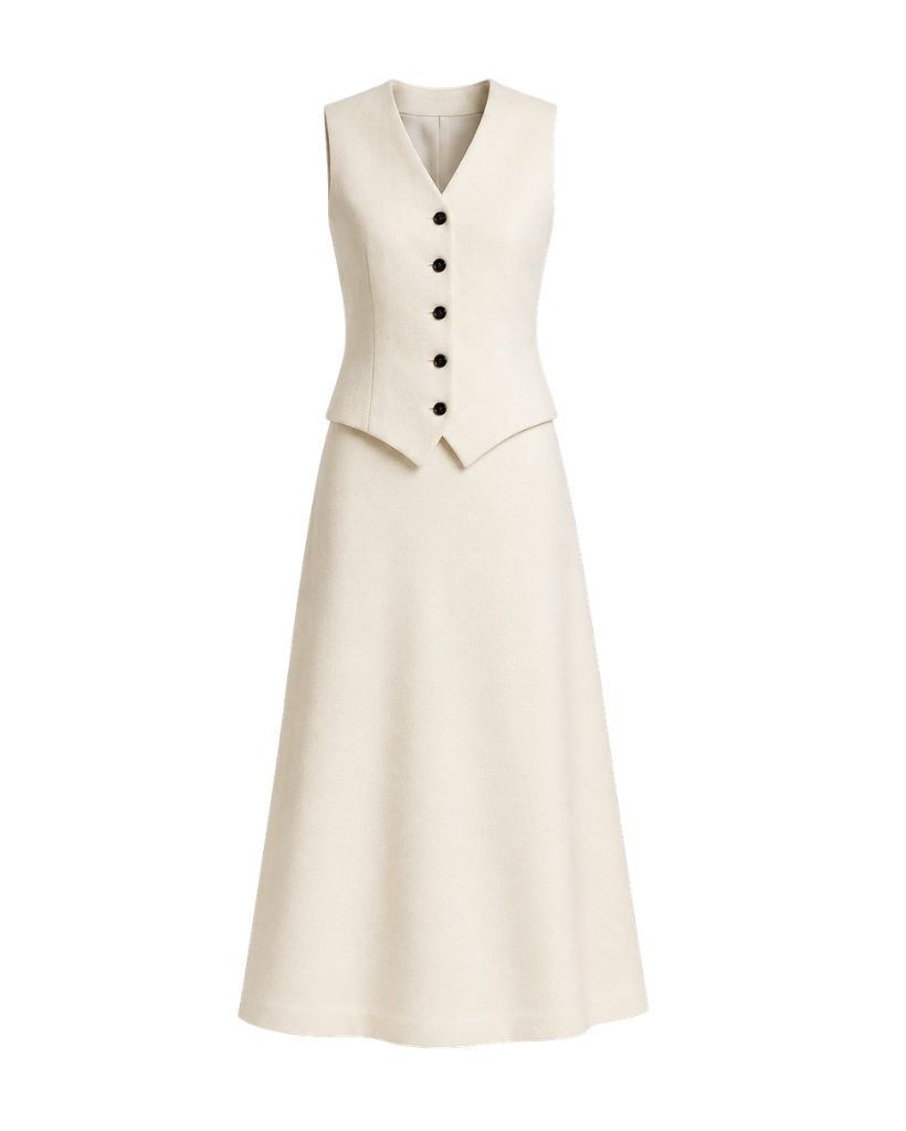 Ivory Loro Piana women's two-piece skirt and vest set front view