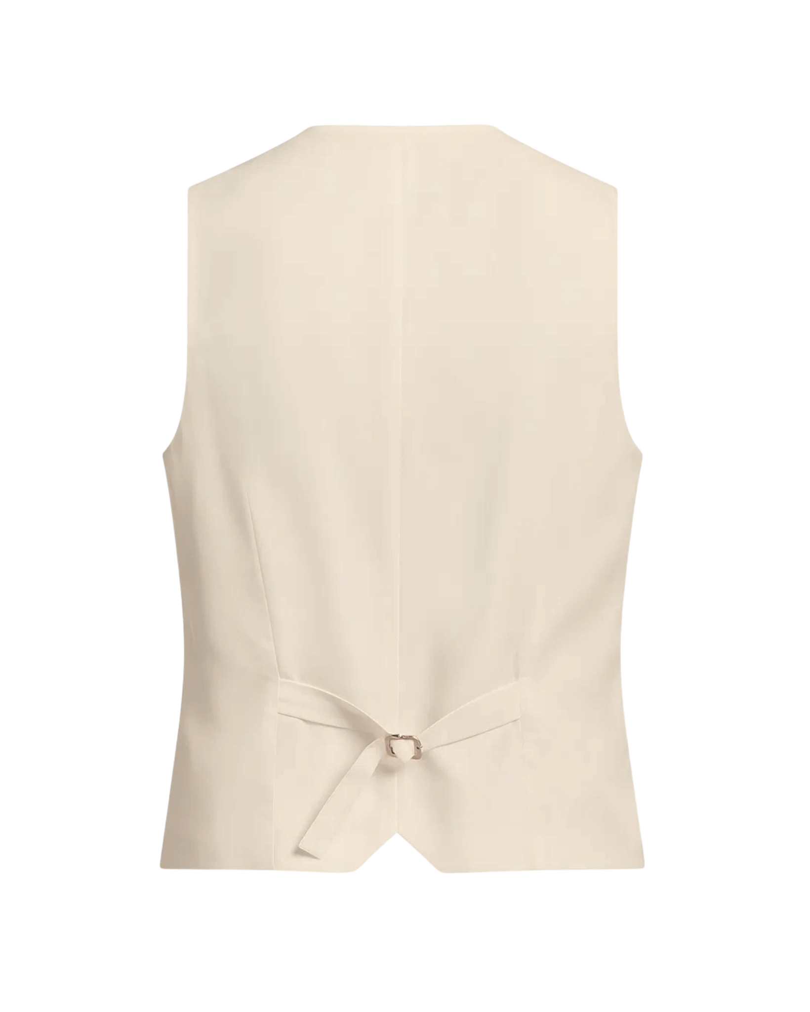 Back view of Ivory Tailored Button-Front Vest showcasing a smooth fabric with an adjustable back strap and a clean, structured silhouette for a sophisticated formalwear finish.