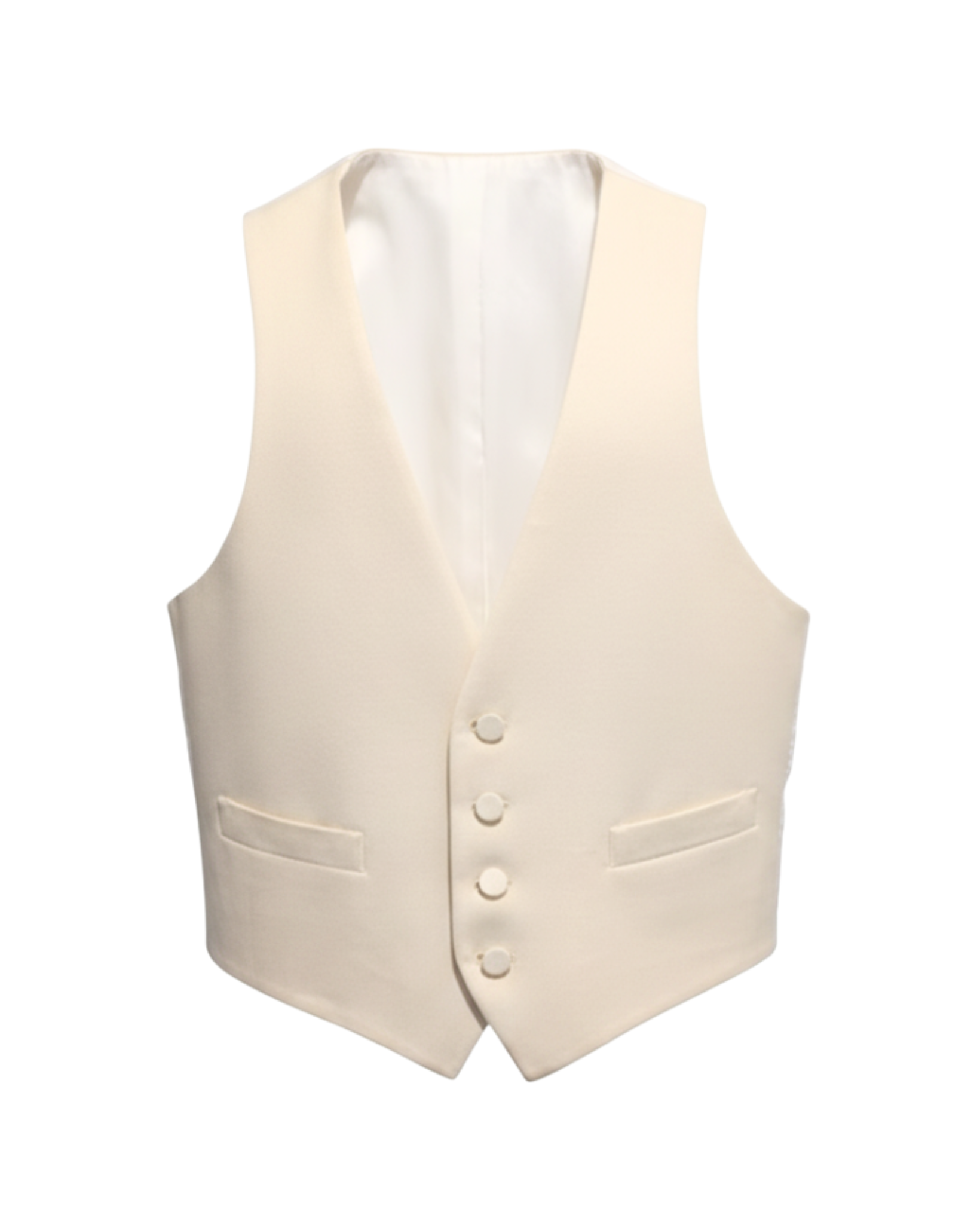 Ivory Tailored Button-Front Vest featuring a smooth fabric with a tailored silhouette, deep V-neckline, four covered buttons, and welt pockets for a polished formal look.