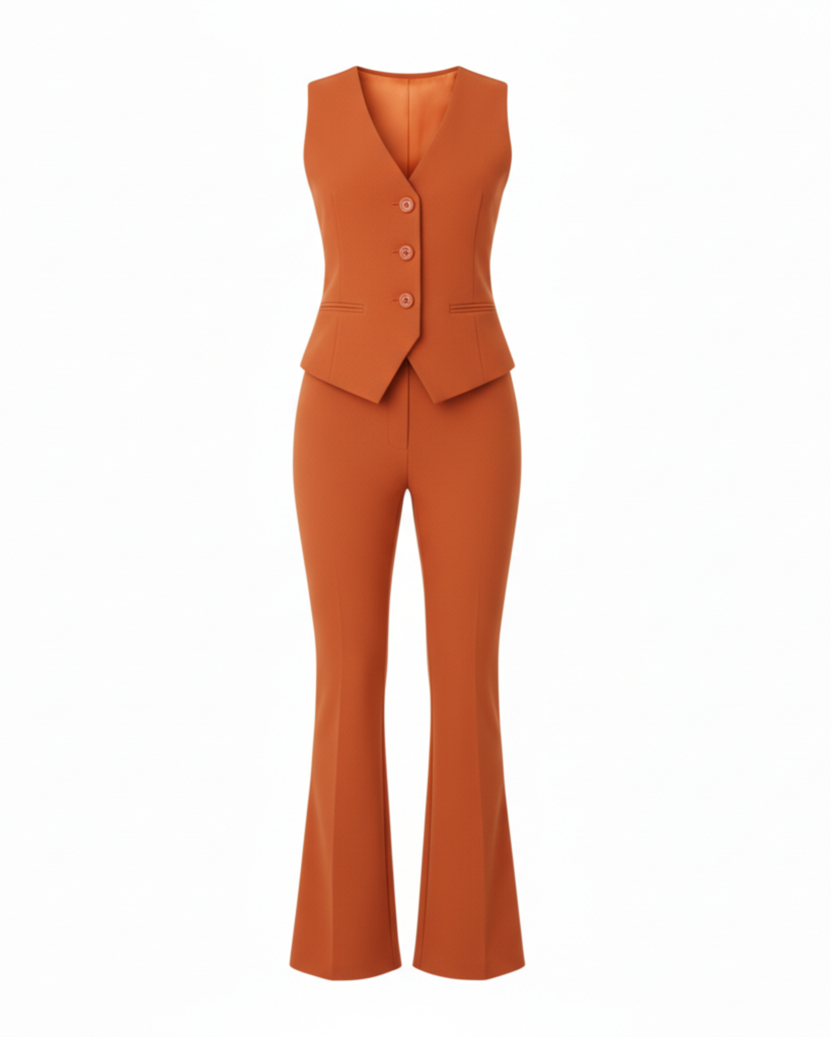 Orange suit with vest and pants on a white background