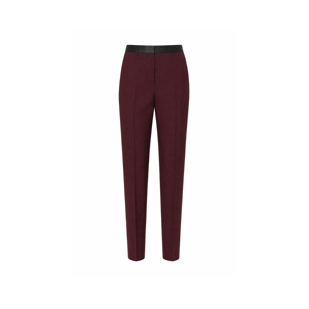 Burgundy Wool Satin-Waistband Tailored Trousers