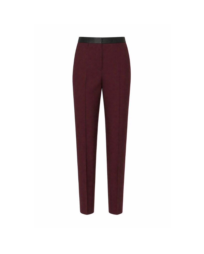 Burgundy Wool Satin-Waistband Tailored Trousers featuring a sleek, tapered fit with a smooth satin waistband, crafted from rich wool for refined, gender-neutral suiting.