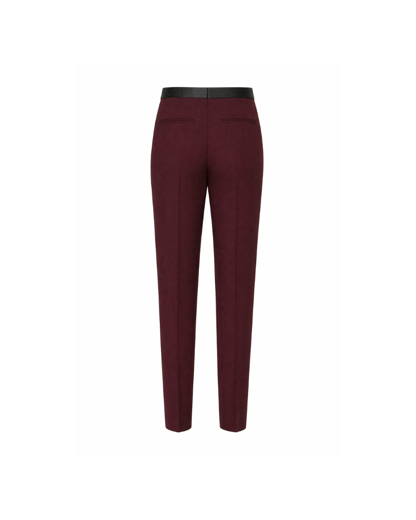Burgundy Wool Satin-Waistband Tailored Trousers shown from the back, featuring a slim, tapered fit with welt pockets and a contrasting smooth satin waistband for refined, gender-neutral tailoring.