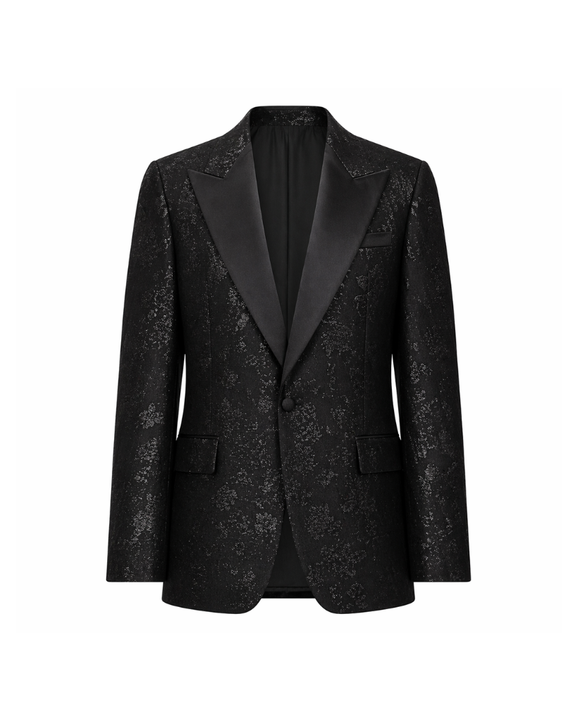 Tailory black floral jacquard tuxedo blazer front view