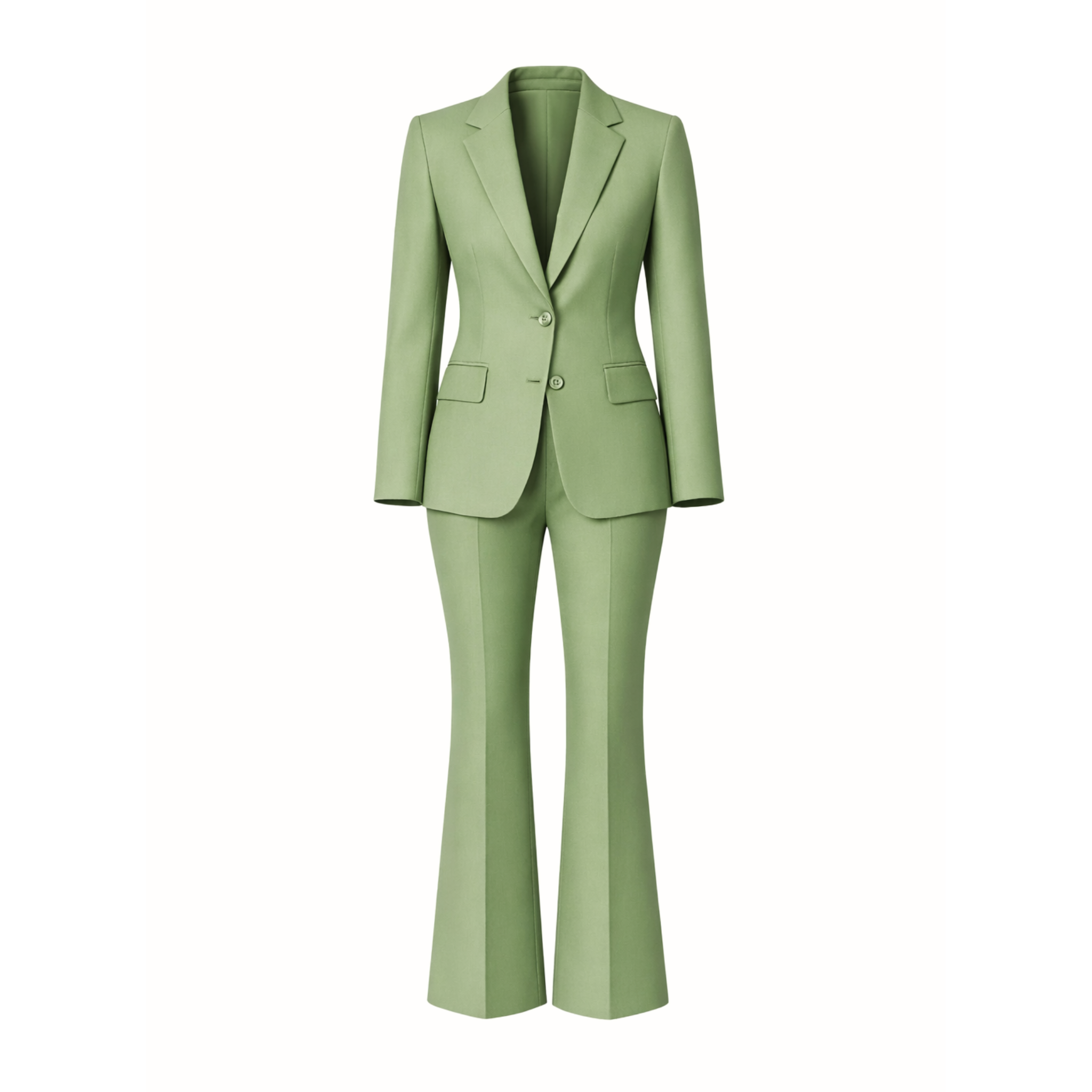 Green suit jacket and pants on a white background