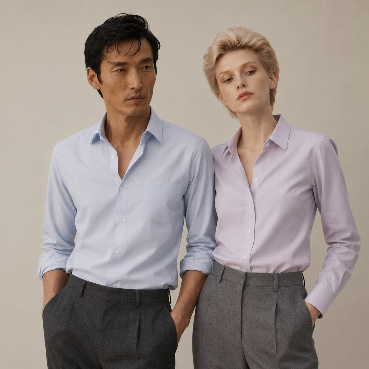 Two people wearing light-colored dress shirts and gray pants against a neutral background