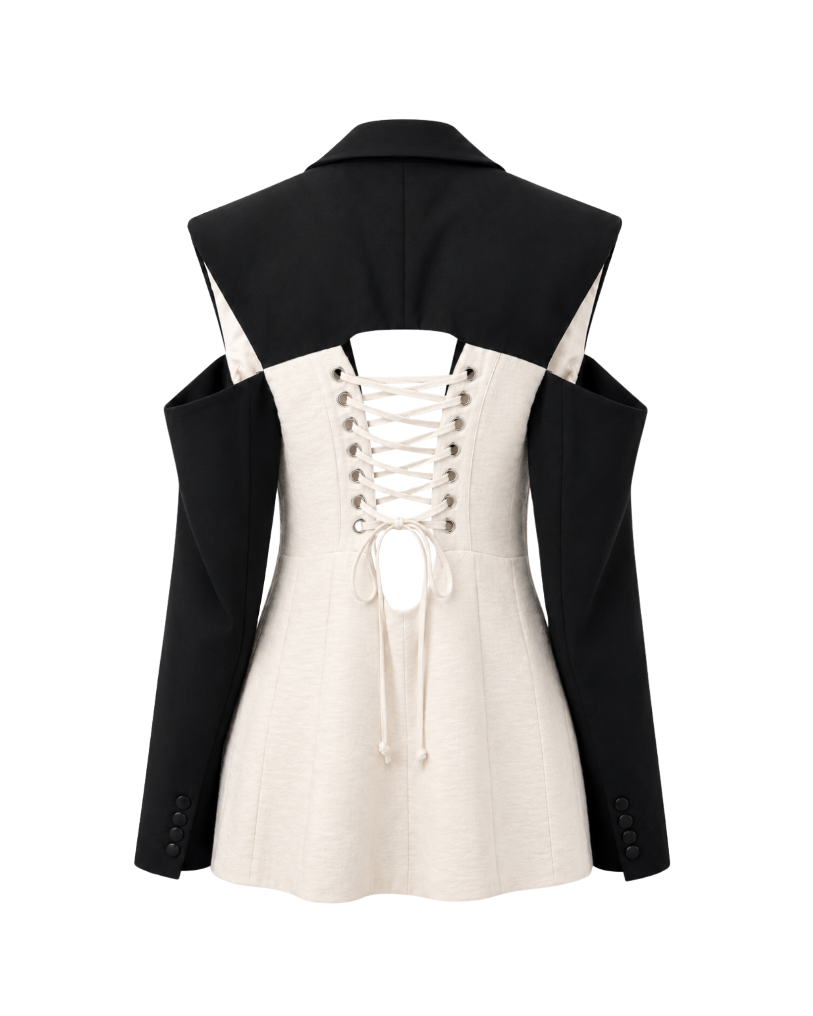 Black and white jacket with lace-up front on a white background