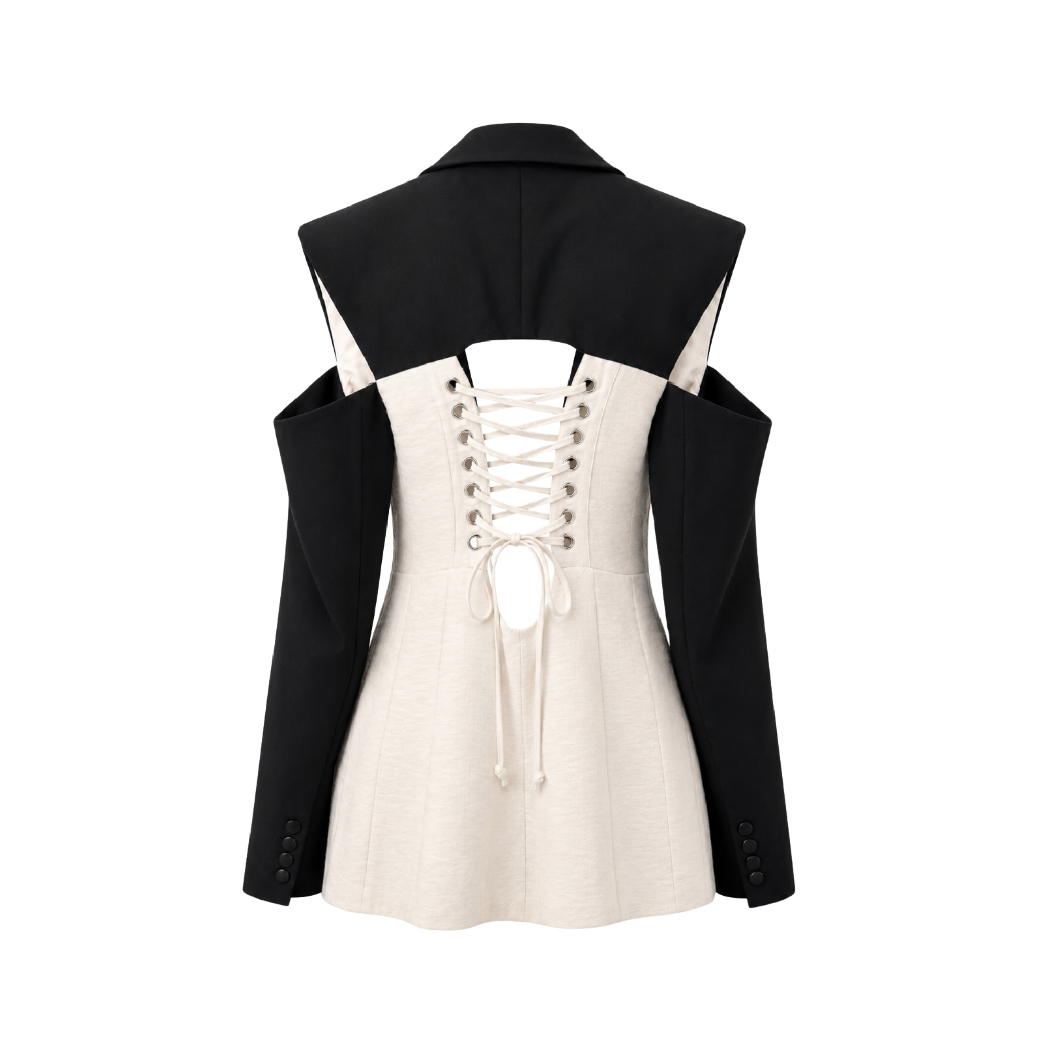 Black and white jacket with lace-up front on a white background