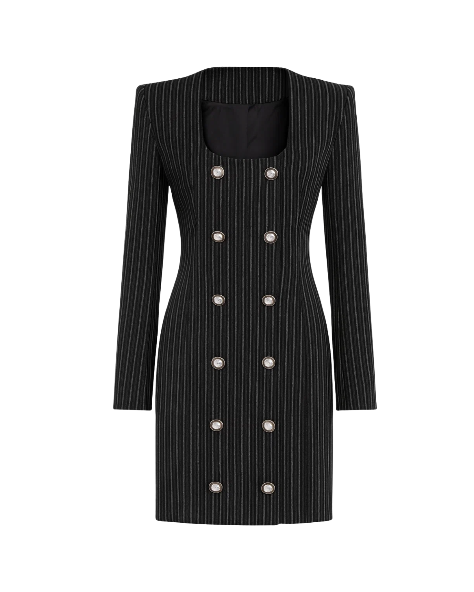 Tailory black pinstripe double-breasted blazer dress front view