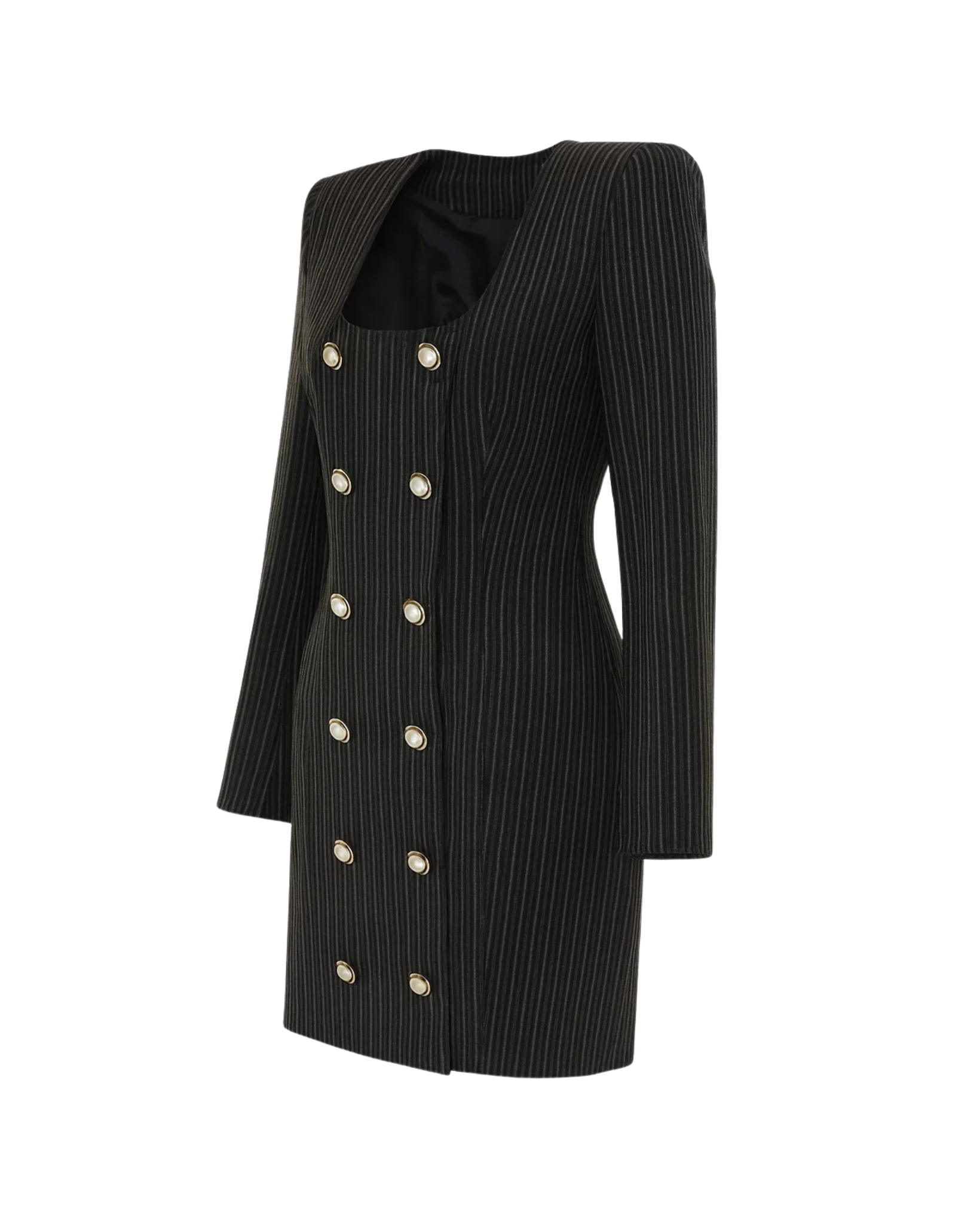 Tailory black pinstripe blazer dress with structured shoulders side view