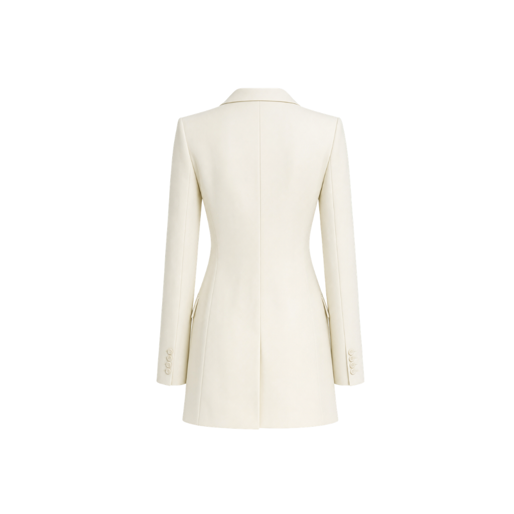 The Tailory New York cream Loro Piana cashmere silk blazer dress back view