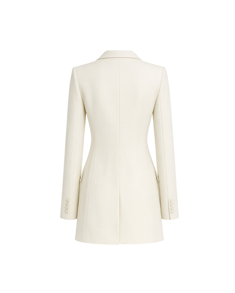 The Tailory New York cream Loro Piana cashmere silk blazer dress back view