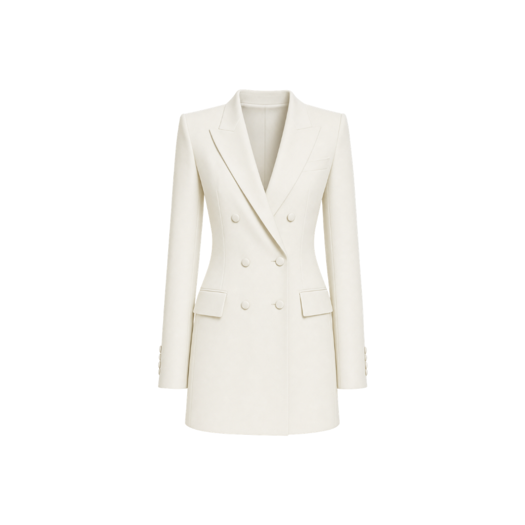 The Tailory New York cream Loro Piana cashmere silk blazer dress front view