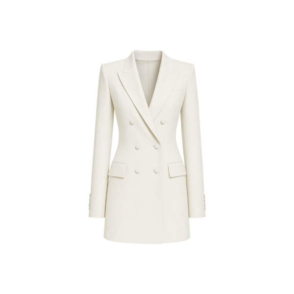 The Tailory New York cream Loro Piana cashmere silk blazer dress front view