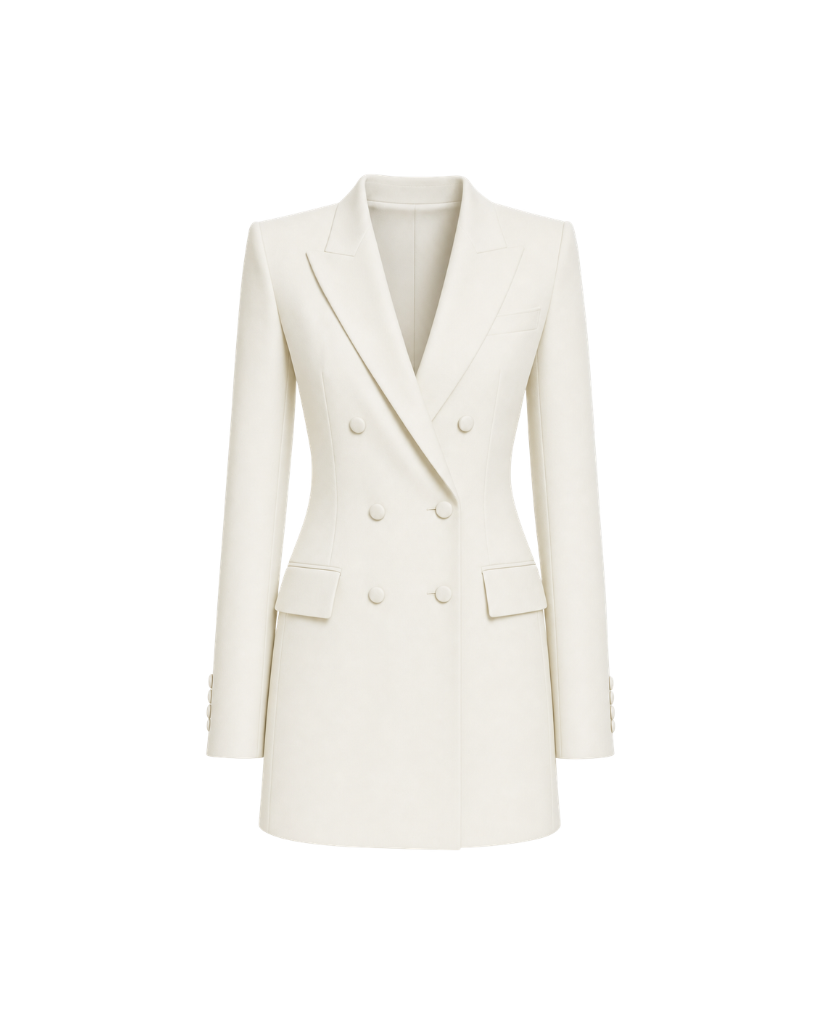The Tailory New York cream Loro Piana cashmere silk blazer dress front view