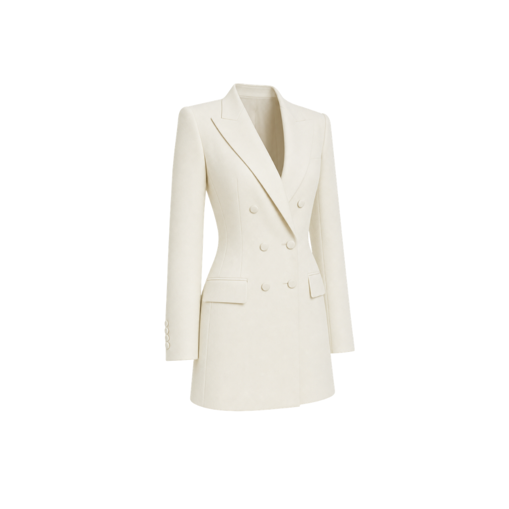 The Tailory New York cream Loro Piana cashmere silk blazer dress three quarter view