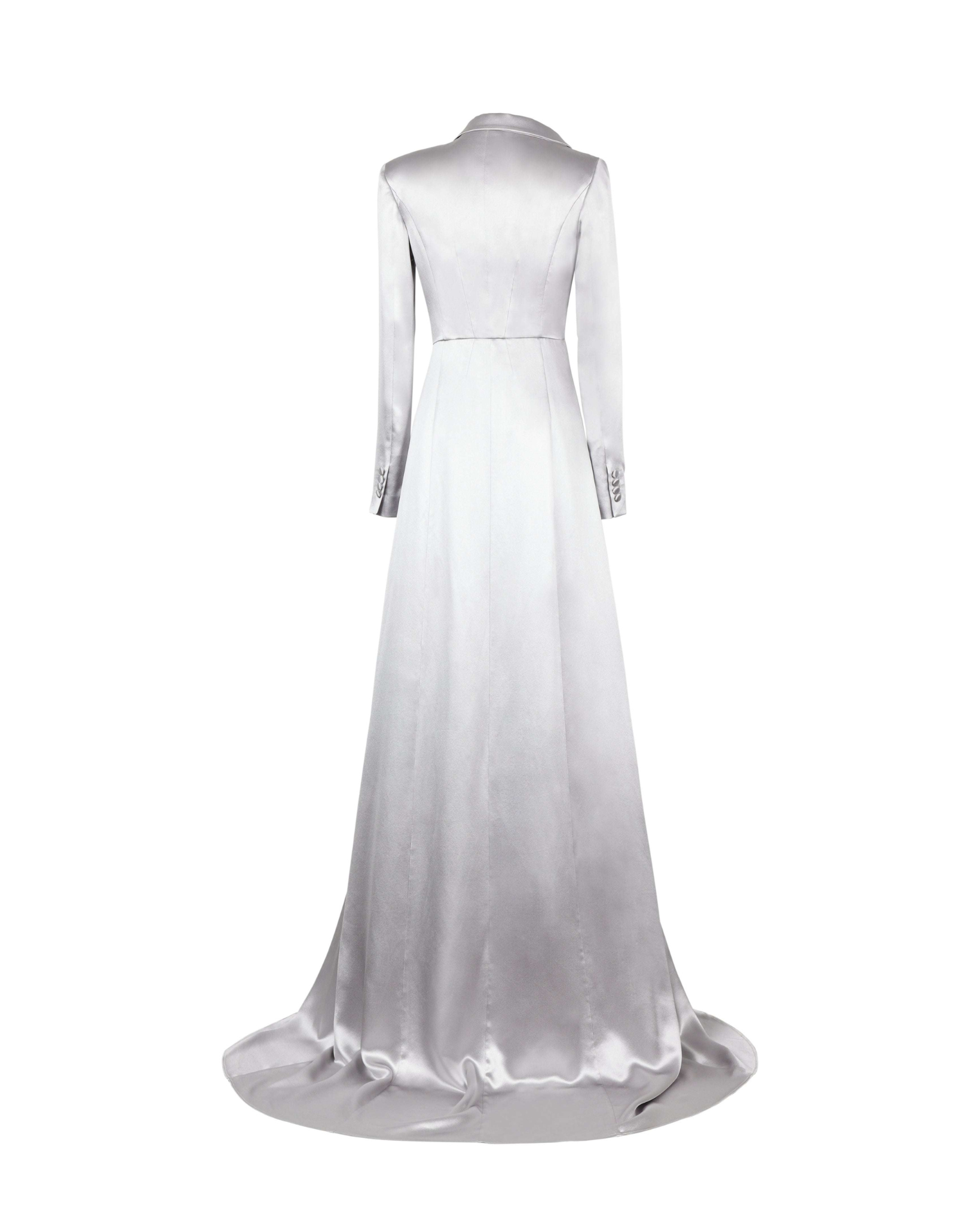 Tailory silver satin couture blazer dress with dramatic train back view