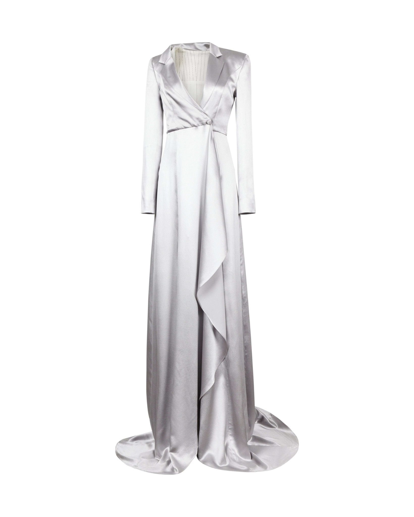Tailory silver satin blazer dress with fluid train front view