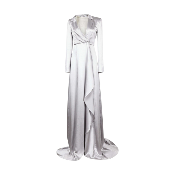 Tailory silver satin blazer dress with fluid train front view