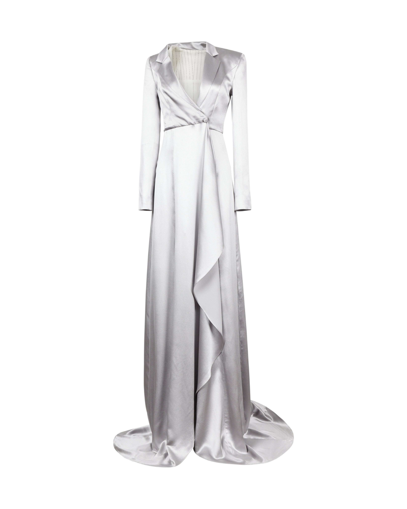 Tailory silver satin blazer dress with fluid train front view