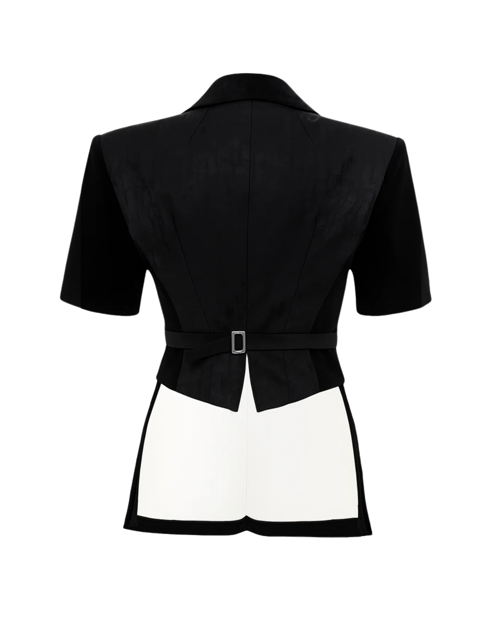 Tailory black contrast-lapel cropped-sleeve tuxedo blazer back view