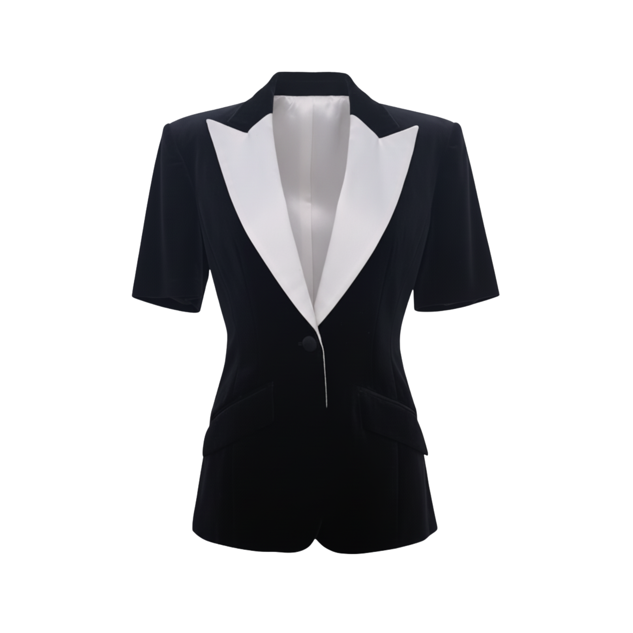 Tailory black contrast-lapel cropped-sleeve tuxedo blazer front view