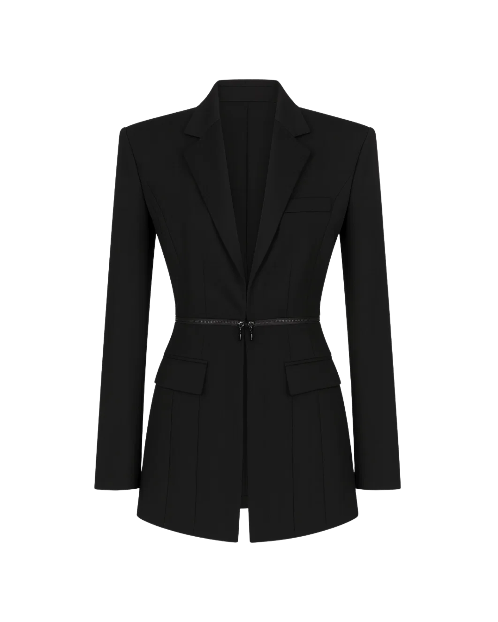 Tailory black belted blazer with peak lapels front view