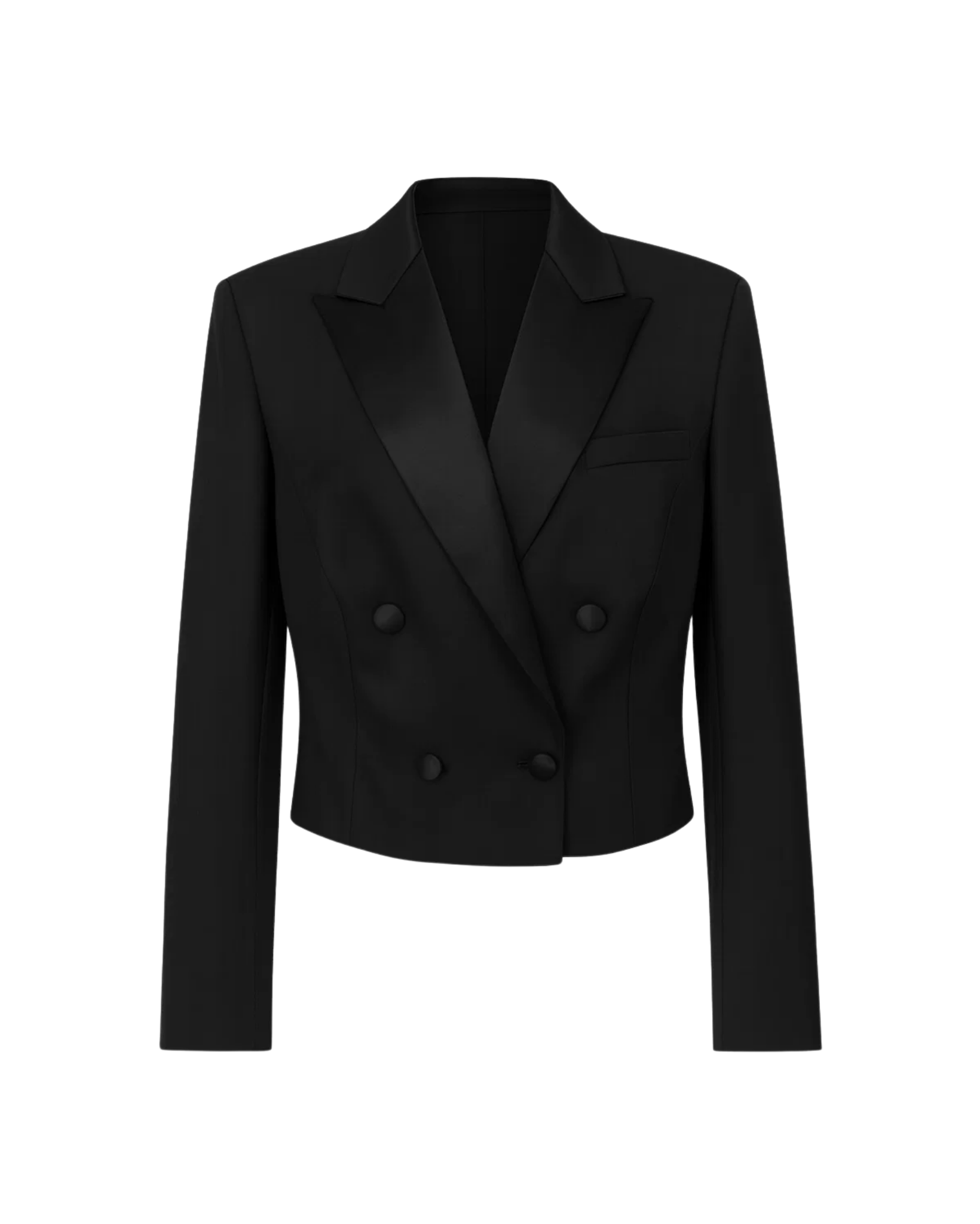 Tailory black cropped peak lapel tuxedo blazer front view