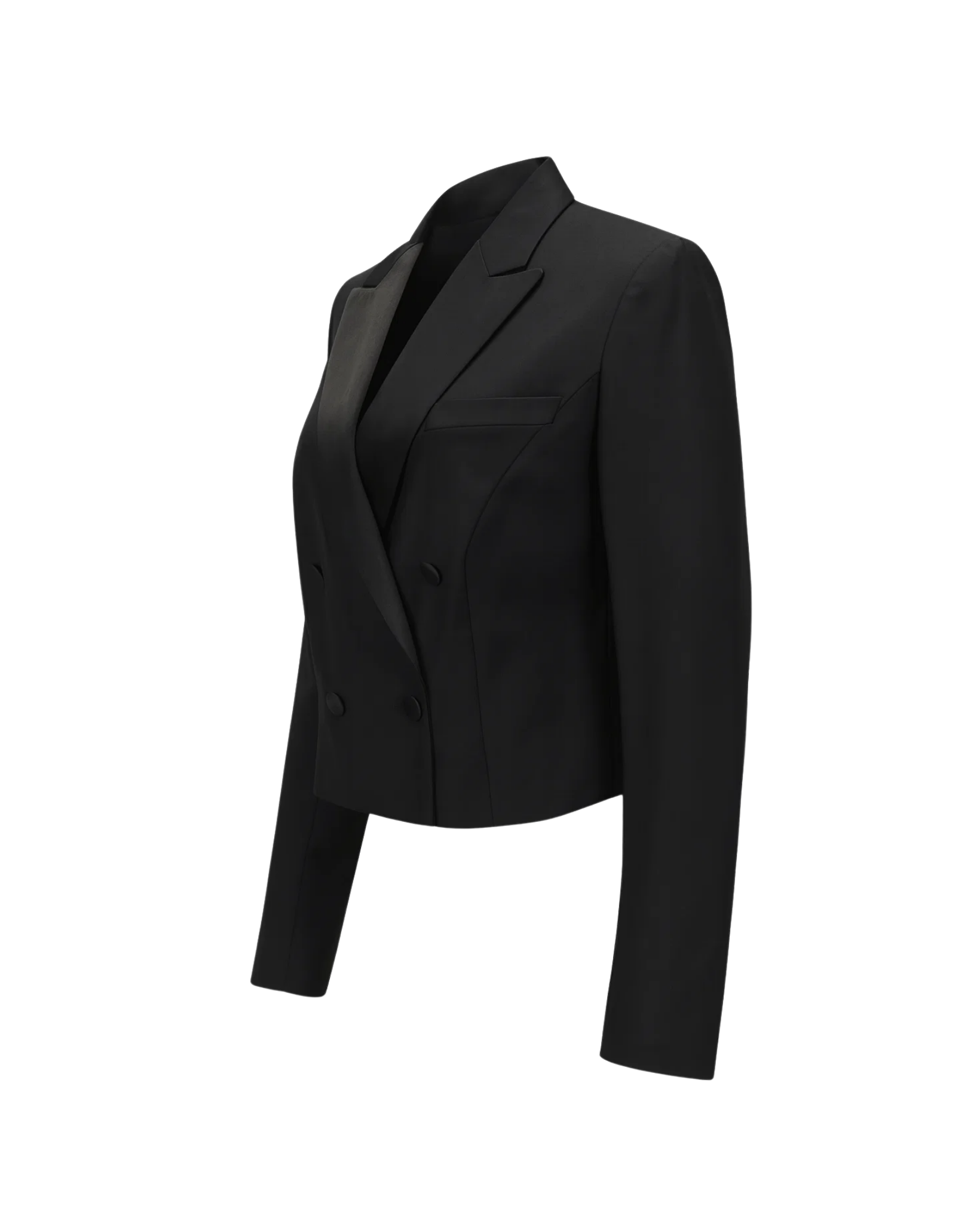 Tailory black cropped tuxedo blazer with satin peak lapels side view”