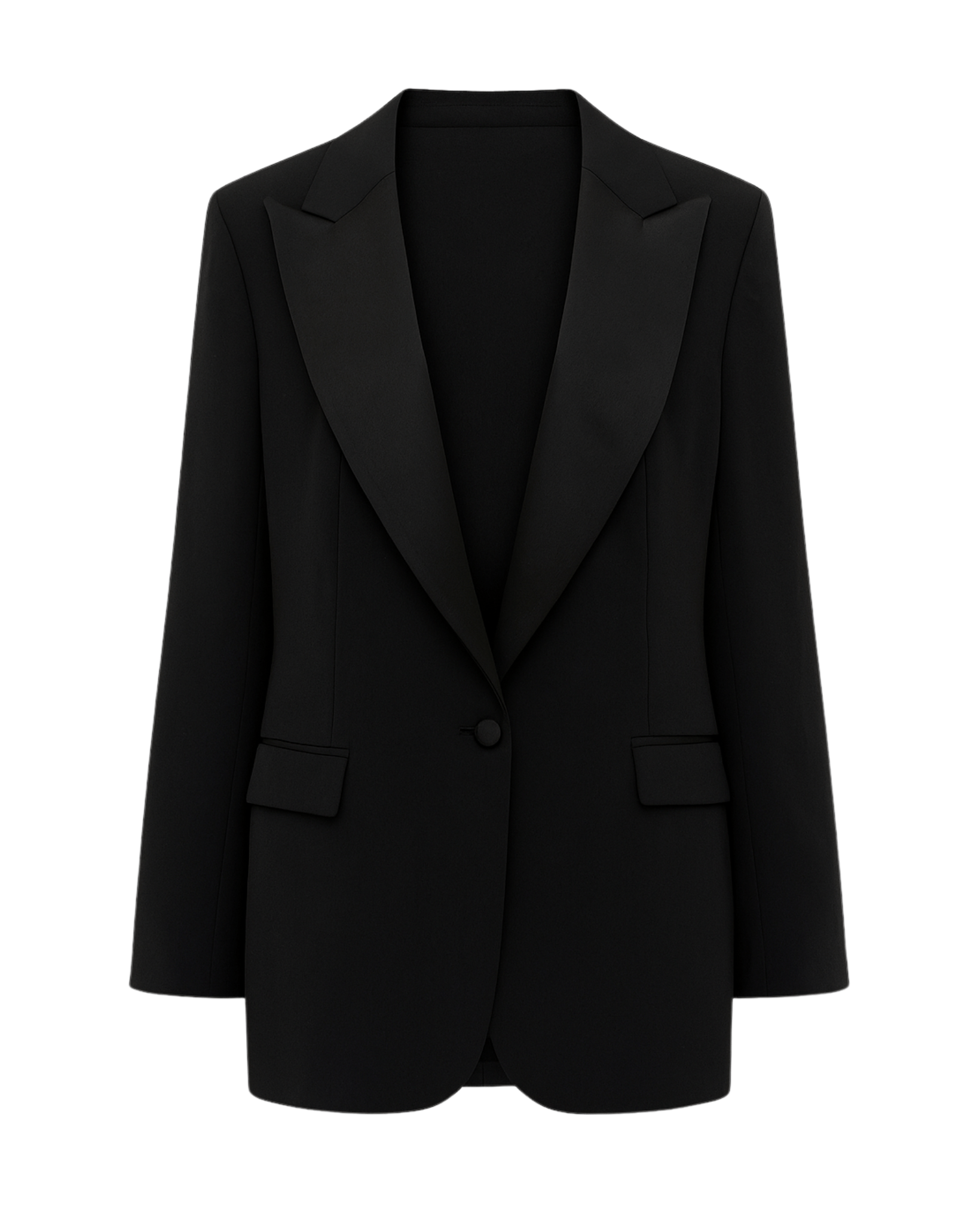 Tailory black oversized tuxedo blazer with exaggerated peak lapels front view