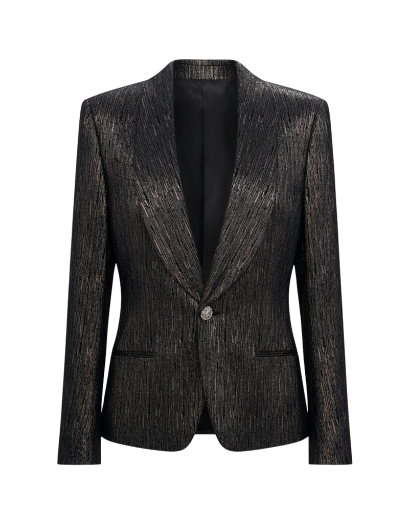Tailory black crinkled metallic single-button blazer front view