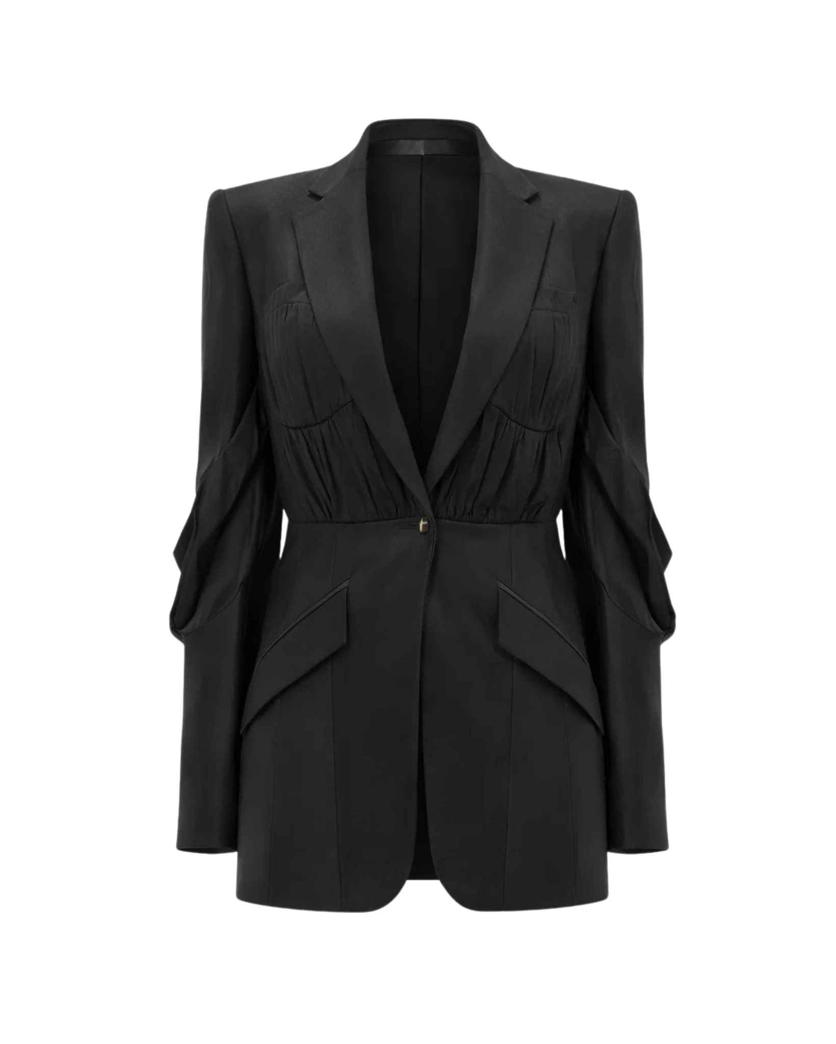 Tailory black peak lapel blazer with gathered sleeves front view