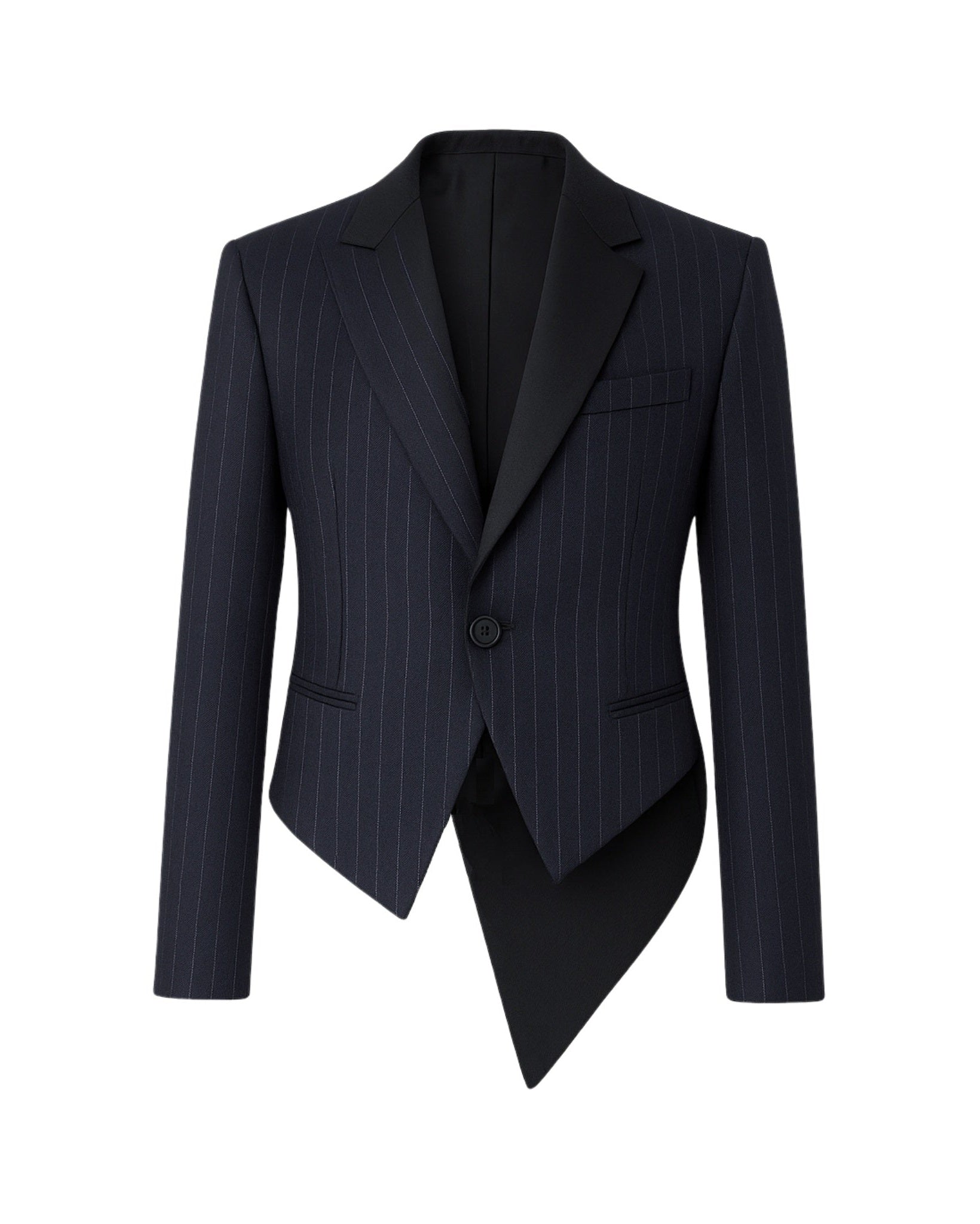 Tailory black pinstripe cropped blazer with peak lapel front view