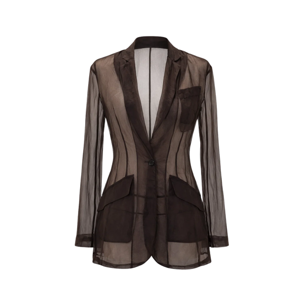 Tailory black sheer blazer with solid panel detailing front view