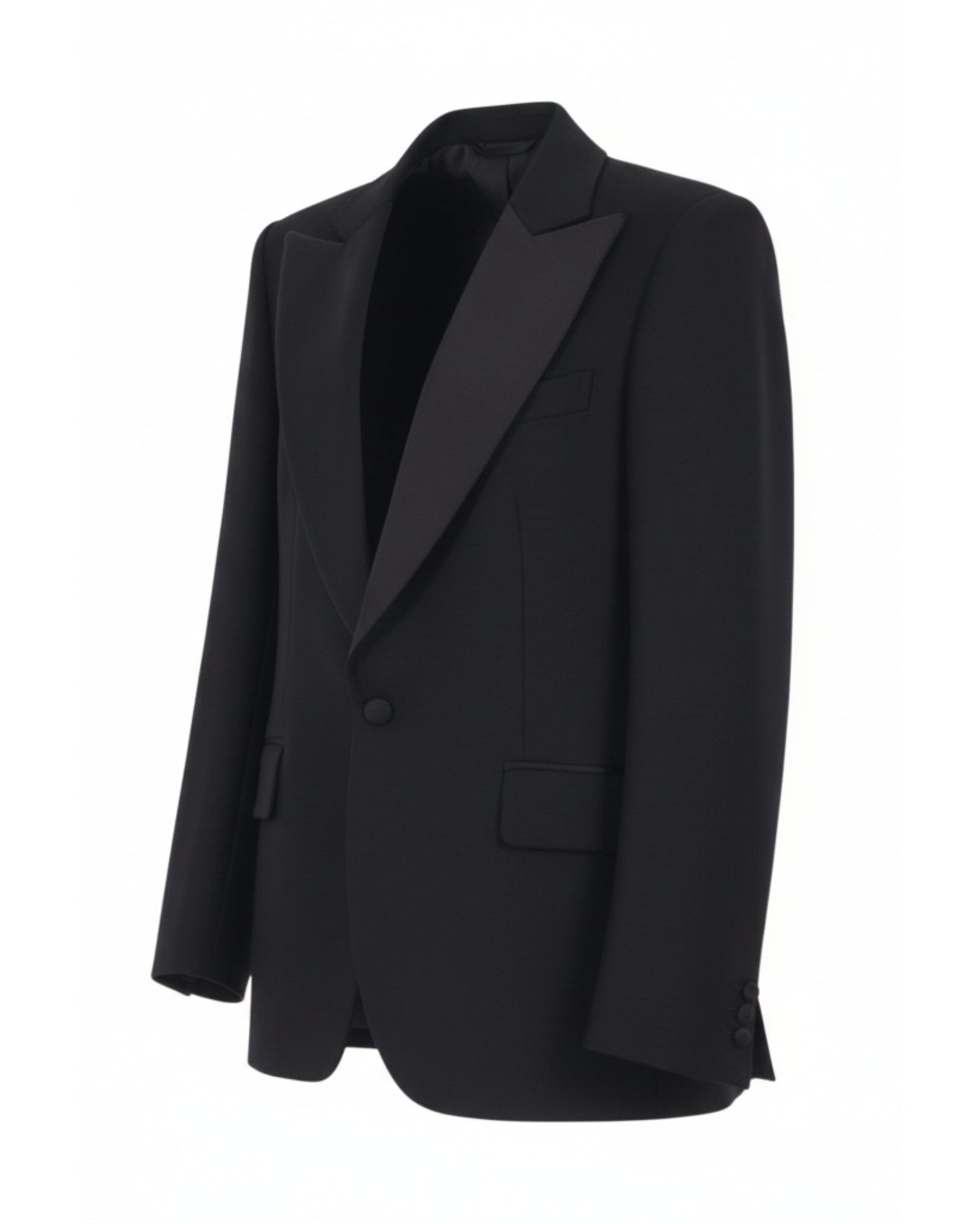 Tailory black tuxedo blazer with satin peak lapel side view