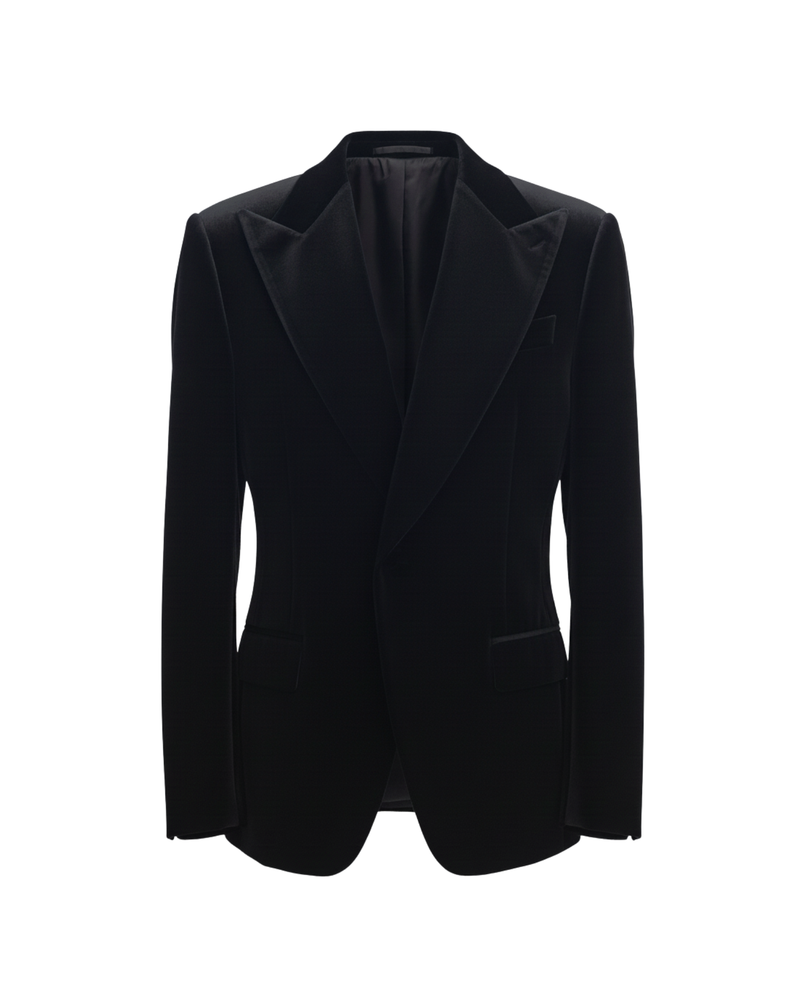 Tailory black velvet peak lapel blazer front view