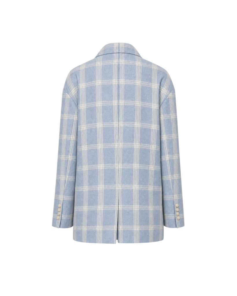 The Tailory New York blue check Loro Piana cashmere silk blazer back view