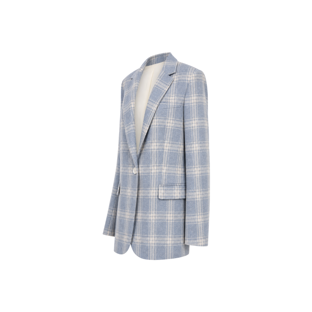 The Tailory New York blue check Loro Piana cashmere silk blazer three quarter view