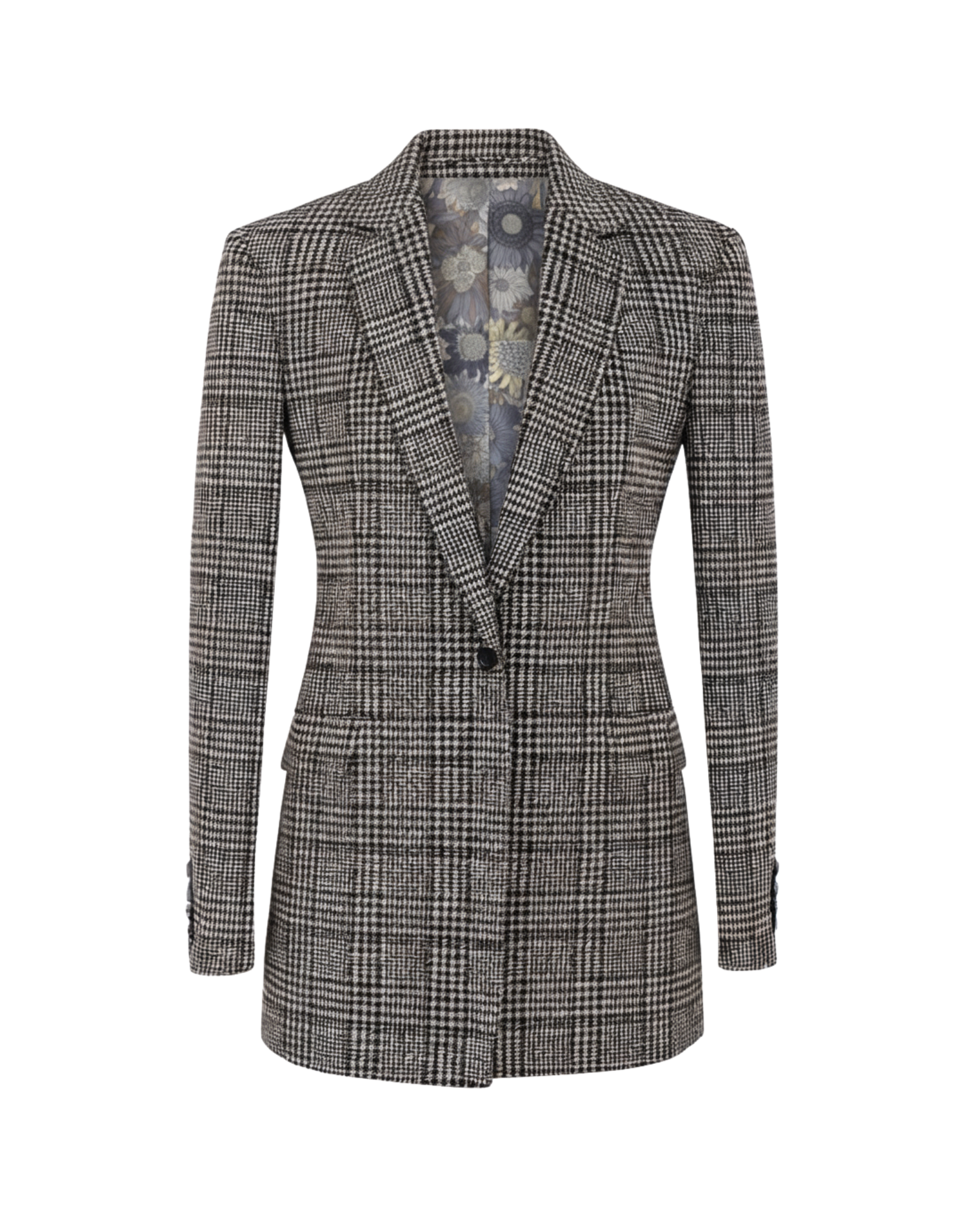 Tailory charcoal glen plaid elongated blazer with metallic thread front view