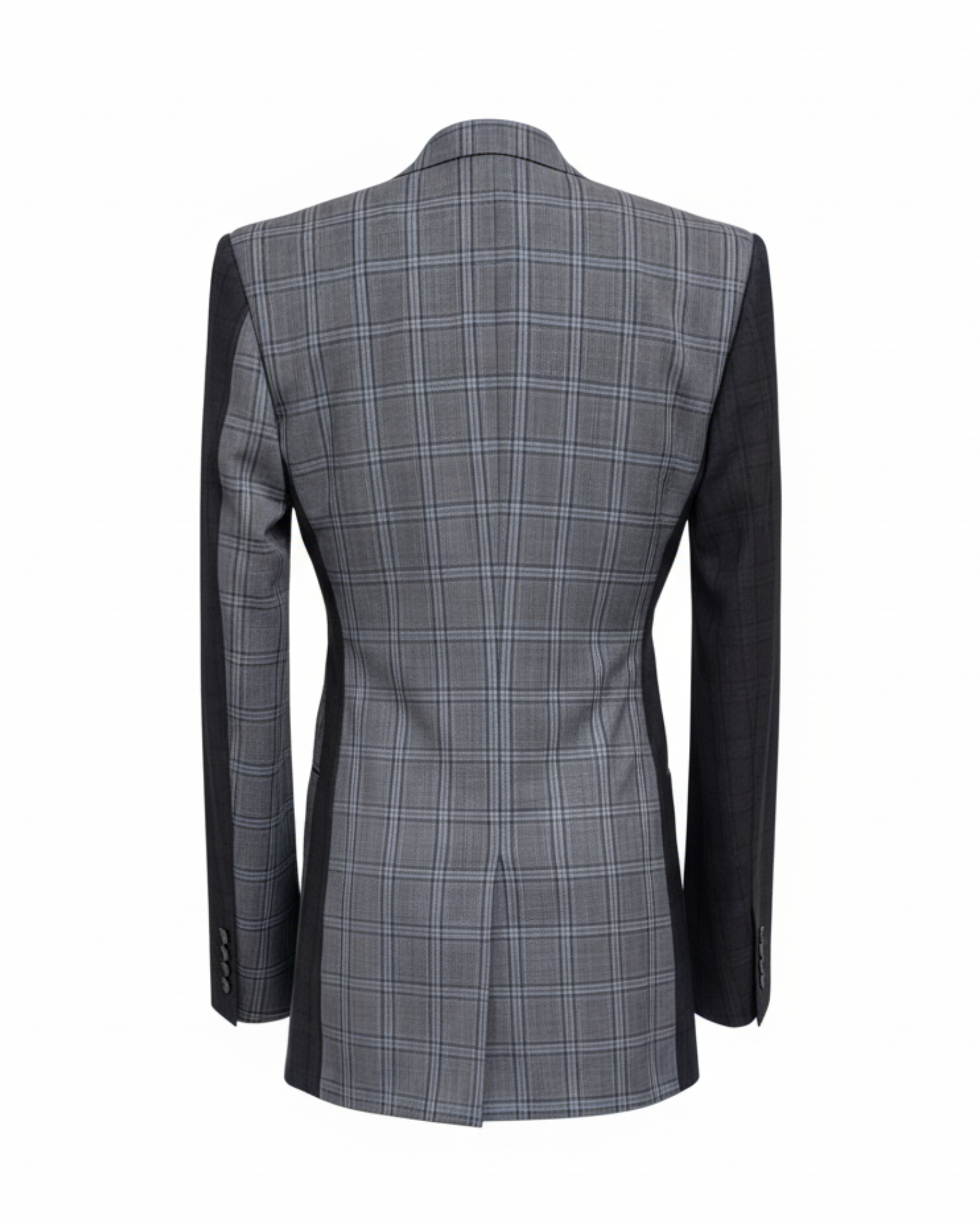 Tailory gray Glen plaid double-breasted peak-lapel blazer back view