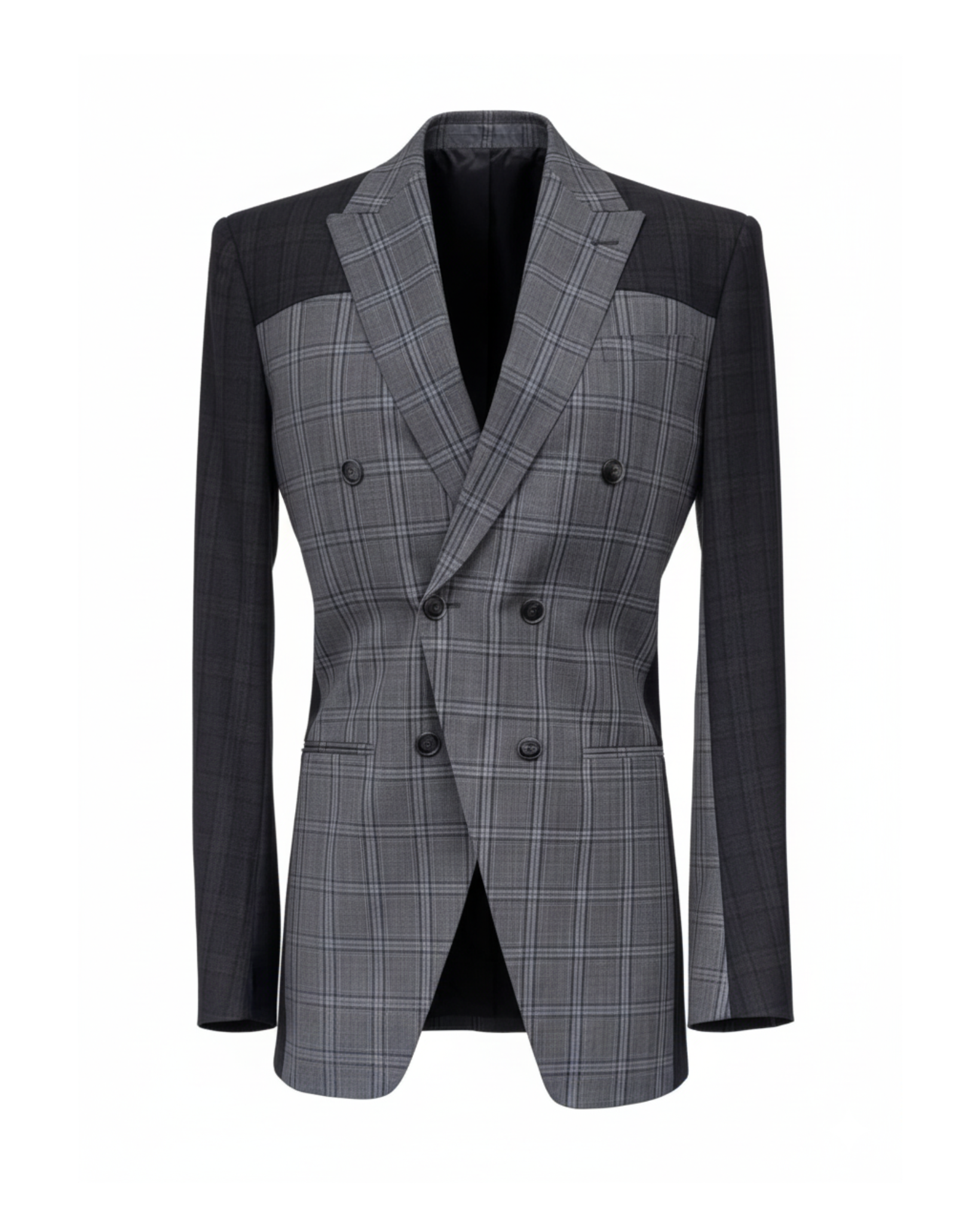 Tailory gray Glen plaid double-breasted peak-lapel blazer front view