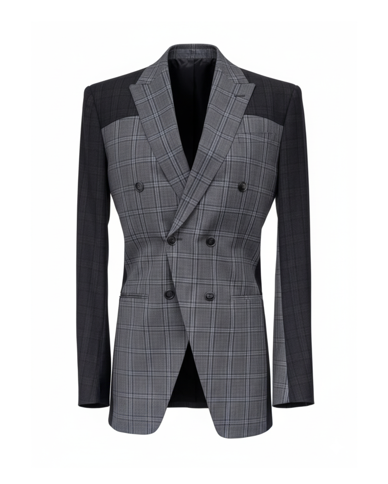 Tailory gray Glen plaid double-breasted peak-lapel blazer front view