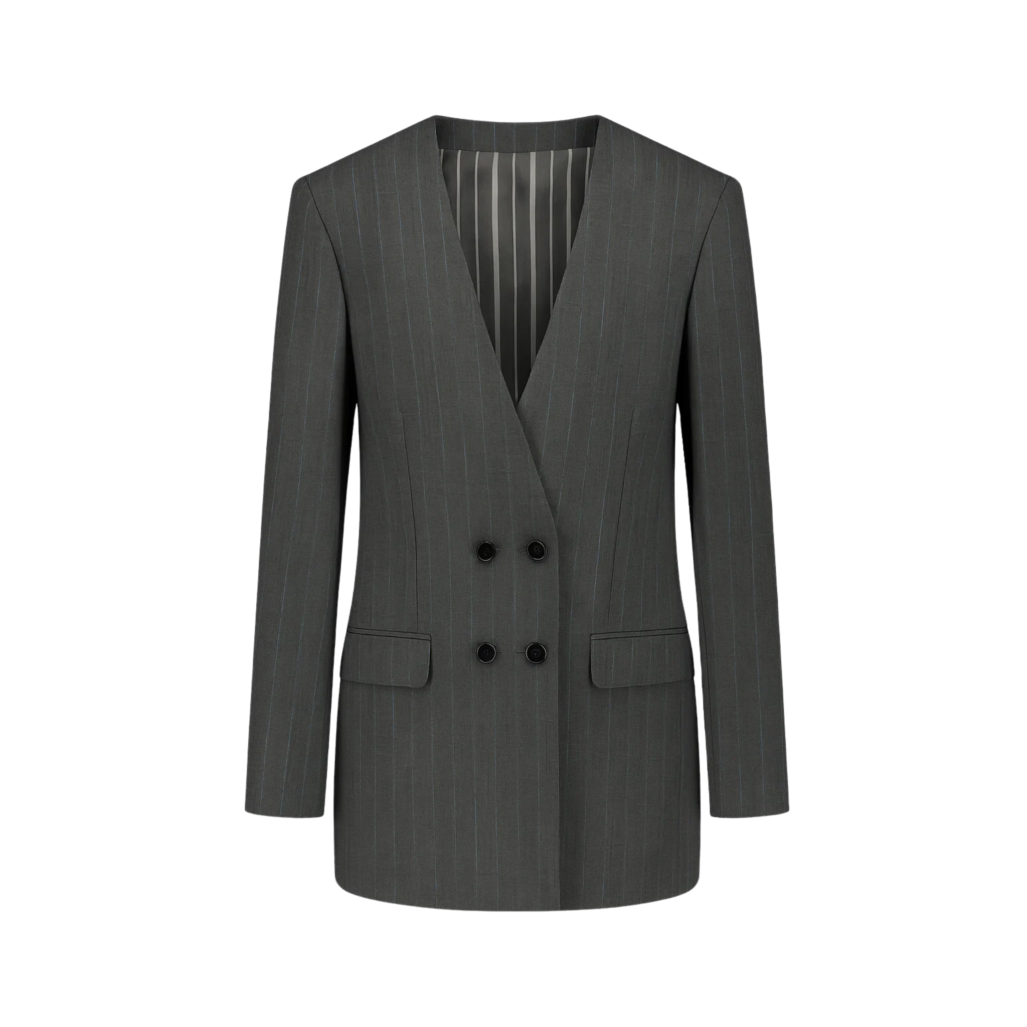 Tailory grey pinstripe deep-V double-breasted blazer front view