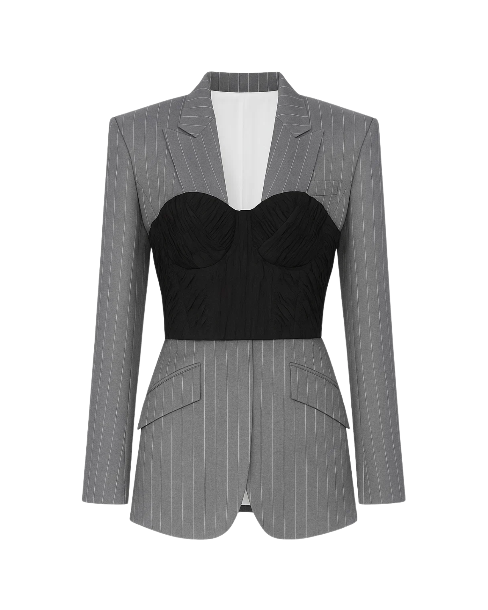 Tailory grey pinstripe sculpted corset blazer front view